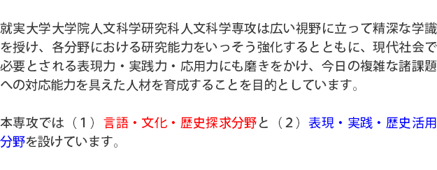  就実大学大学院人文科学研究科人文科学専攻は広い視野に立って精深な学識を授け、各分野における研究能力をいっそう強化するとともに、現代社会で必要とされる表現力・実践力・応用力にも磨きをかけ、今日の複雑な諸課題への対応能力を具えた人材を育成することを目的としています。 本専攻では（１）言語・文化・歴史探求分野と（２）表現・実践・歴史活用分野を設けています。 