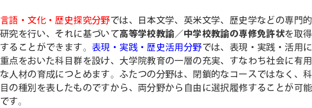  言語・文化・歴史探究分野では、日本文学、英米文学、歴史学などの専門的研究を行い、それに基づいて高等学校教諭／中学校教諭の専修免許状を取得することができます。表現・実践・歴史活用分野では、表現・実践・活用に重点をおいた科目群を設け、大学院教育の一層の充実、すなわち社会に有用な人材の育成につとめます。ふたつの分野は、閉鎖的なコースではなく、科目の種別を表したものですから、両分野から自由に選択履修することが可能です。